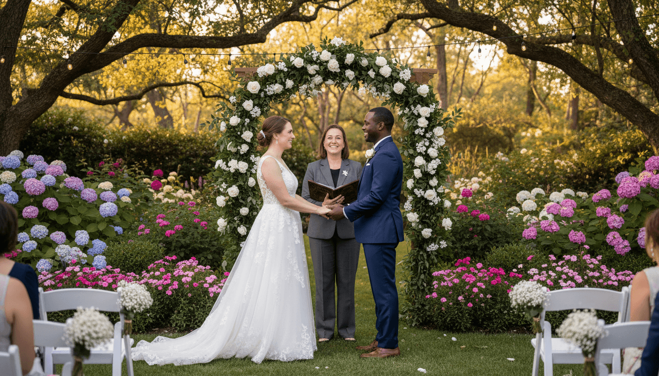 Multi-racial couple getting married outdoors with a notary officiating