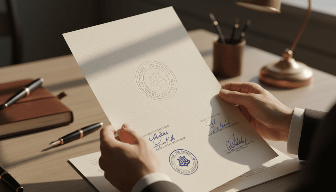 Hands holding certified document with apostille seal