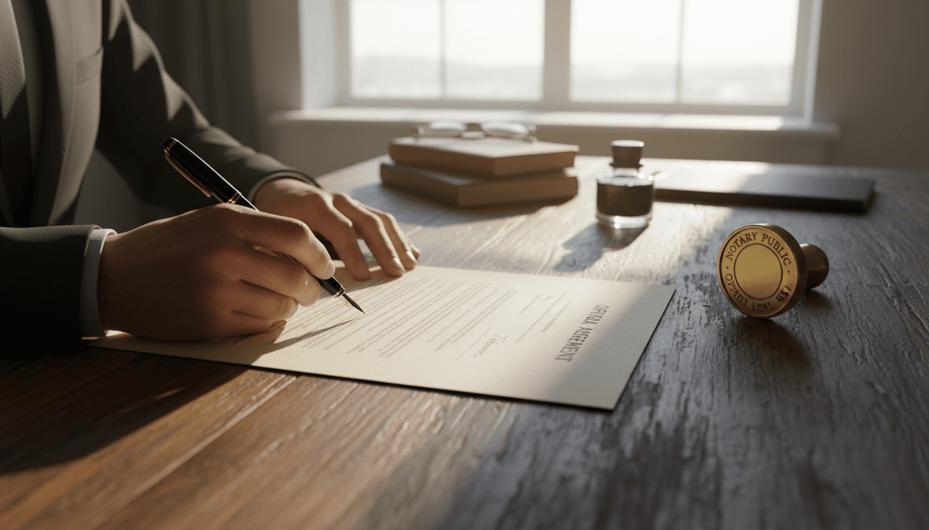 Professional notary signing documents at desk with official paperwork