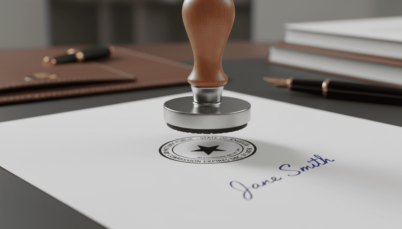 Notary stamp being applied to official document