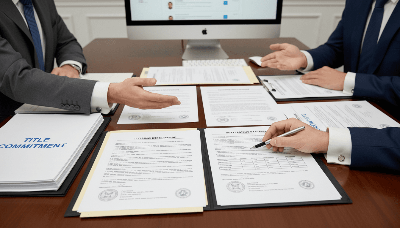 Title and escrow closing documents arranged on professional desk