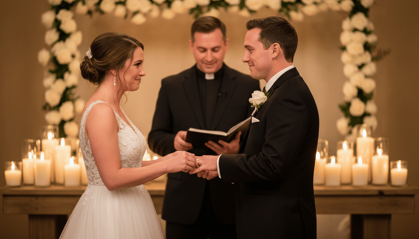 Wedding ceremony with officiant conducting intimate couple exchange