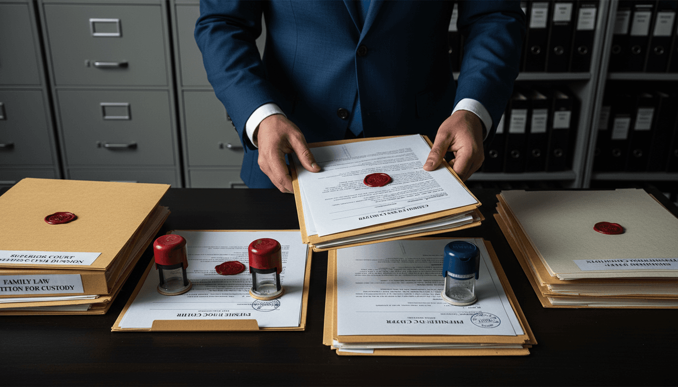 Court documents being organized and prepared for filing