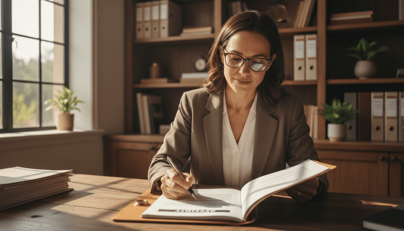 Tressa Lovelace reviewing notary documents at her desk