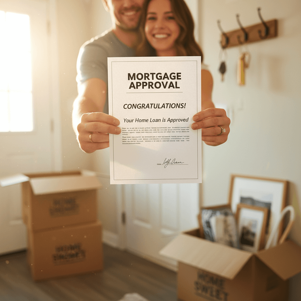 Couple joyfully holding their mortgage approval letter in front of their new home with moving boxes